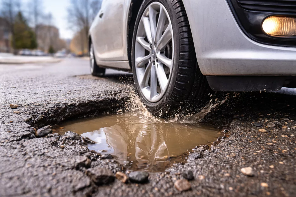 Silver car's front tire driving into a water-filled pothole on a Calgary street with water splashing out — pothole damage tire, wheel, and alignment service at Rite-Price Auto Service Centre in Calgary, AB